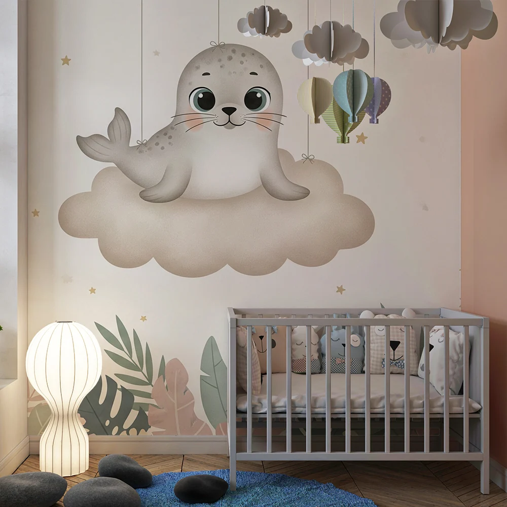 Nursery room wallpaper | Aranyos fóka egy felhőn