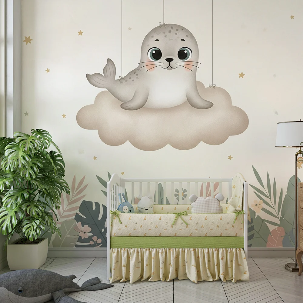 Nursery room wallpaper | Aranyos fóka egy felhőn
