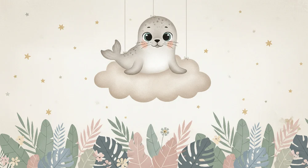 Nursery room wallpaper | Aranyos fóka egy felhőn