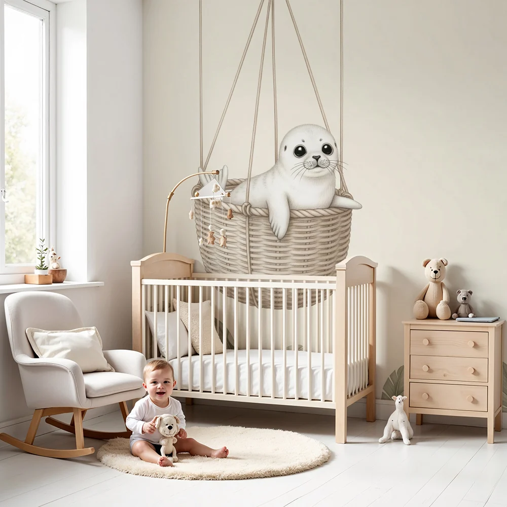 Nursery room wallpaper | Aranyos fóka egy függő kosárban