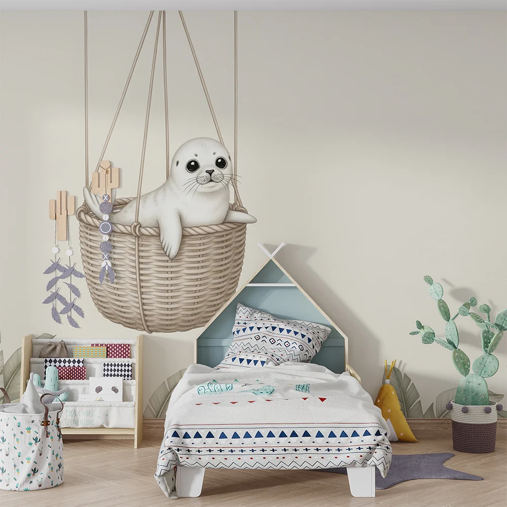 Nursery room wallpaper | Aranyos fóka egy függő kosárban