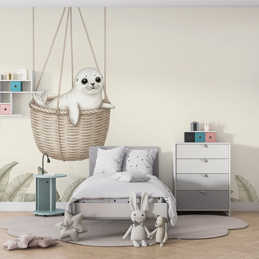 Nursery room wallpaper | Aranyos fóka egy függő kosárban