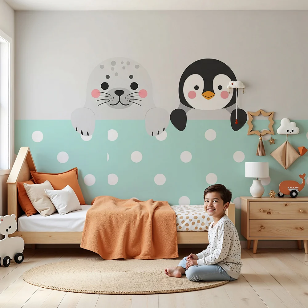 Nursery room wallpaper | Aranyos fóka és pingvin pöttyös háttéren