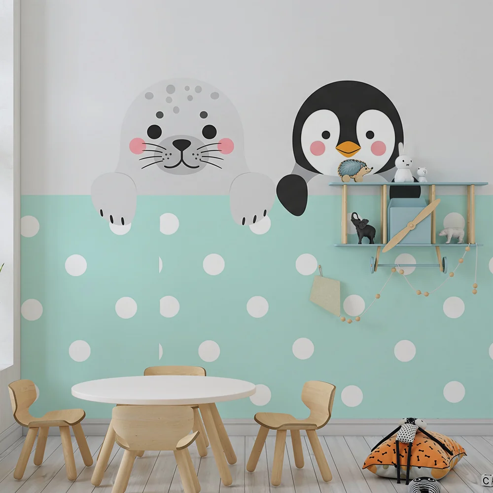 Nursery room wallpaper | Aranyos fóka és pingvin pöttyös háttéren