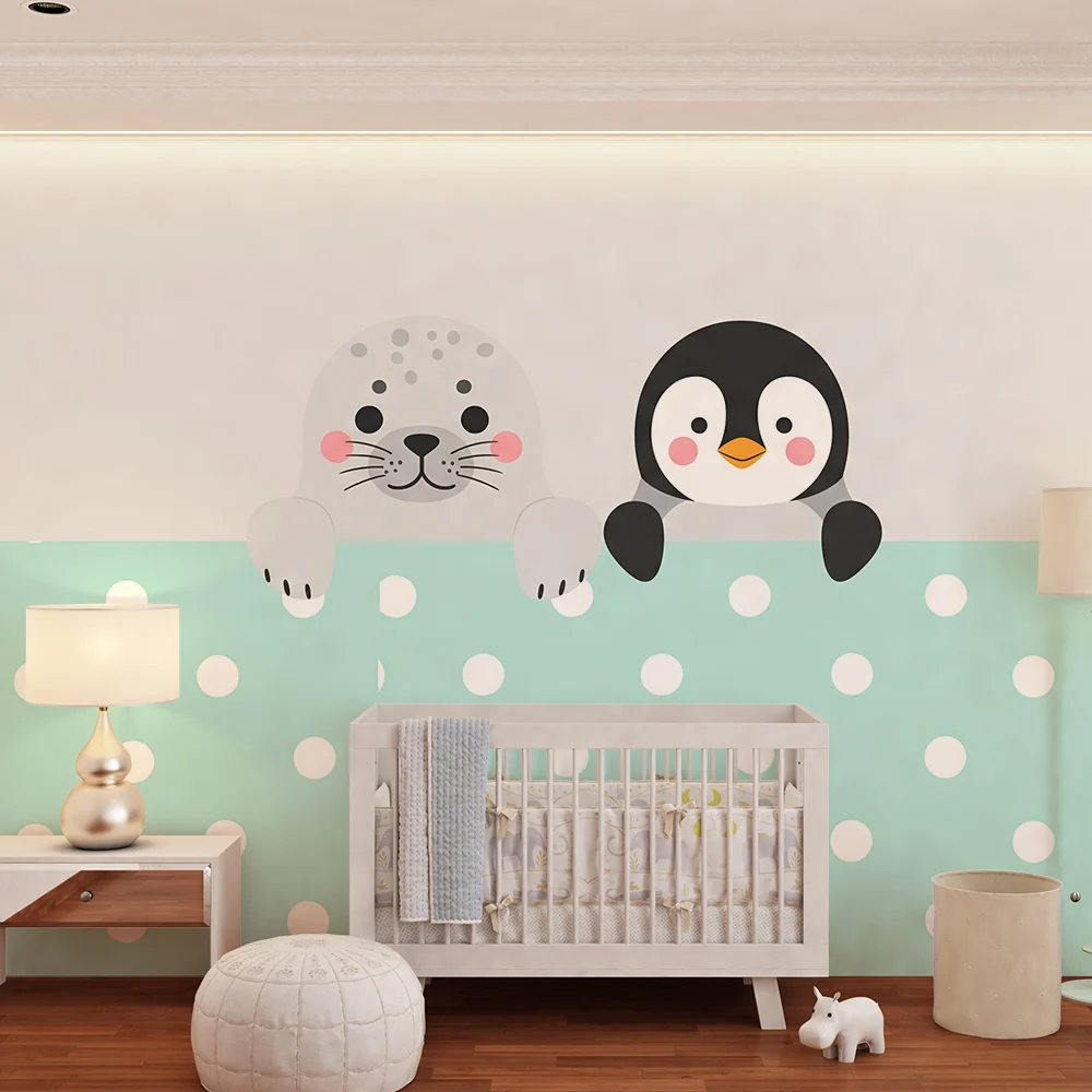 Nursery room wallpaper | Aranyos fóka és pingvin pöttyös háttéren