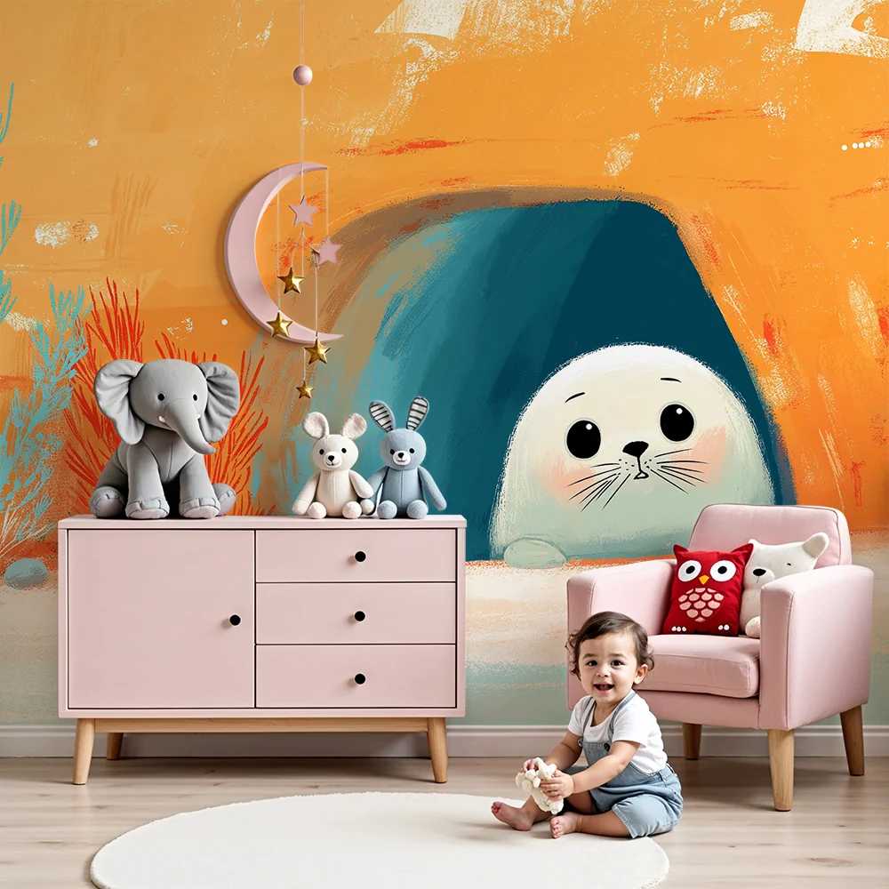Nursery room wallpaper | Aranyos fóka színes víz alatti barlangban