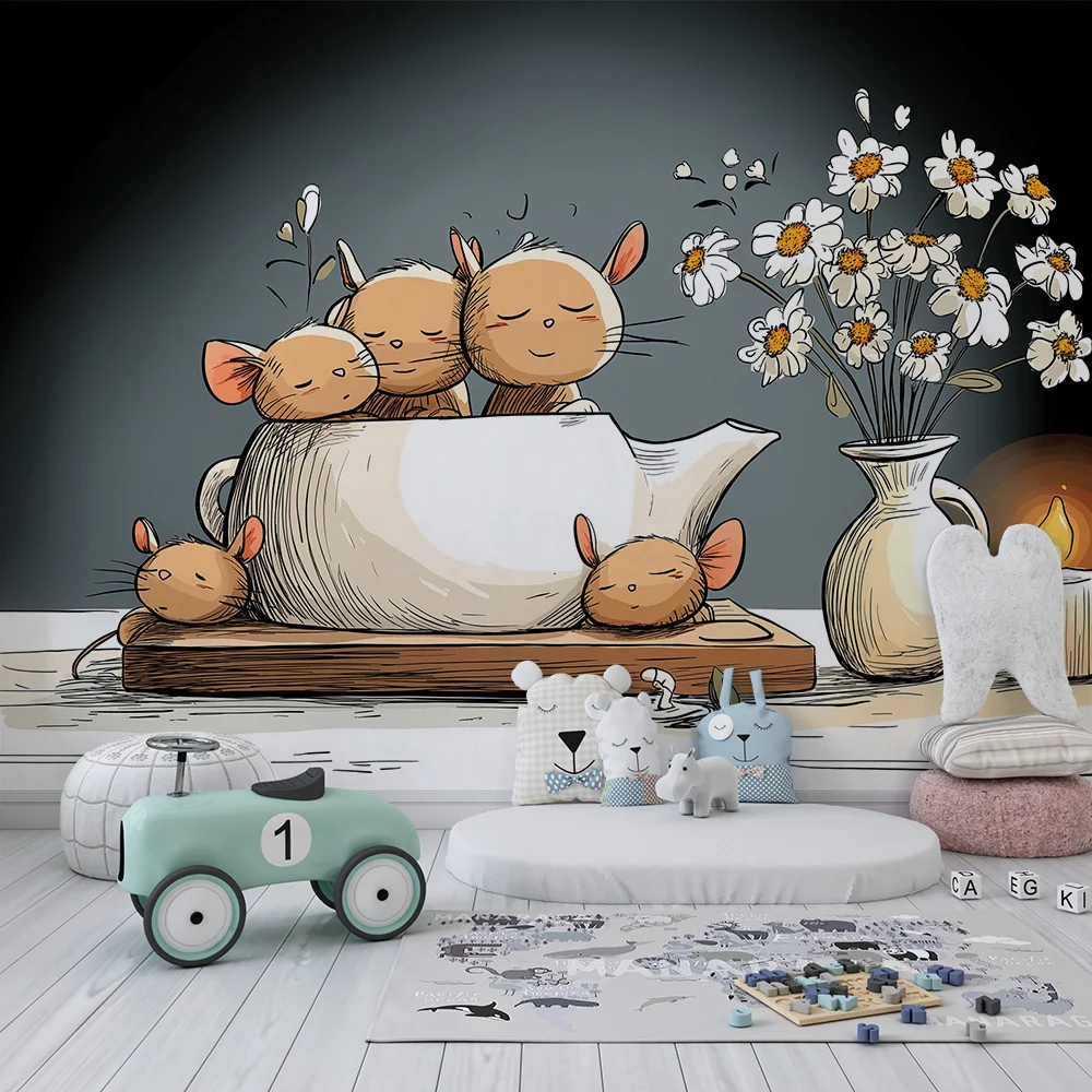 Nursery room wallpaper | Aranyos kis egerek egy teáskannában virágokkal és gyertyával