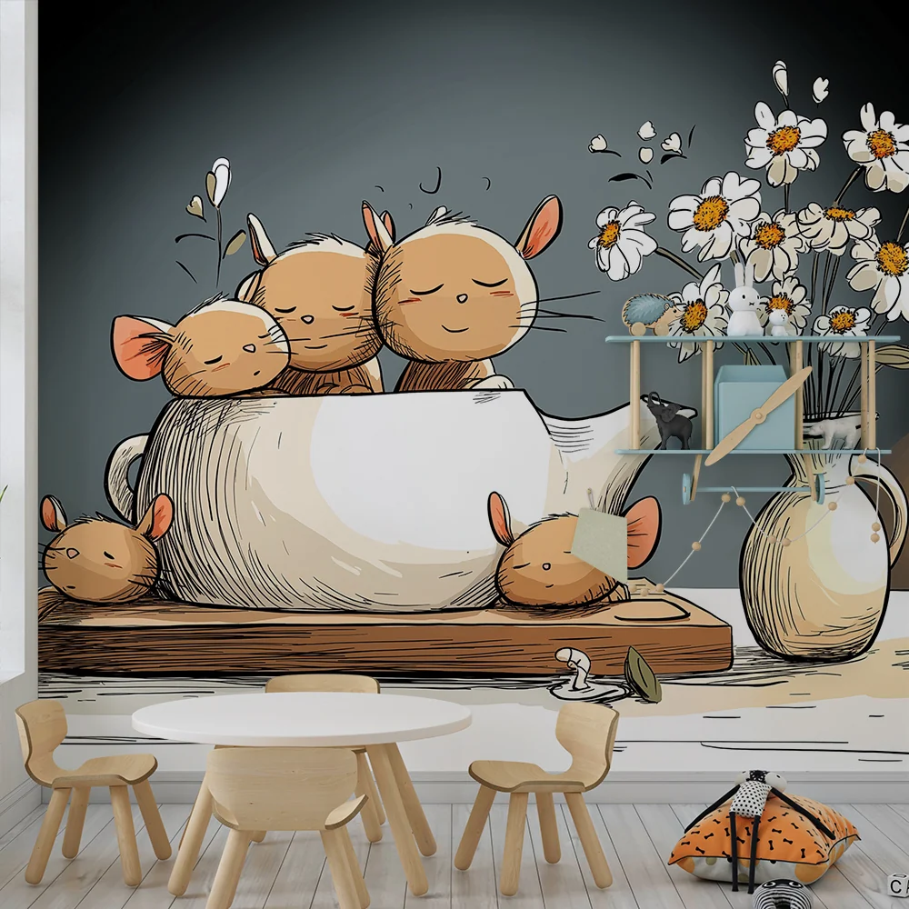 Nursery room wallpaper | Aranyos kis egerek egy teáskannában virágokkal és gyertyával