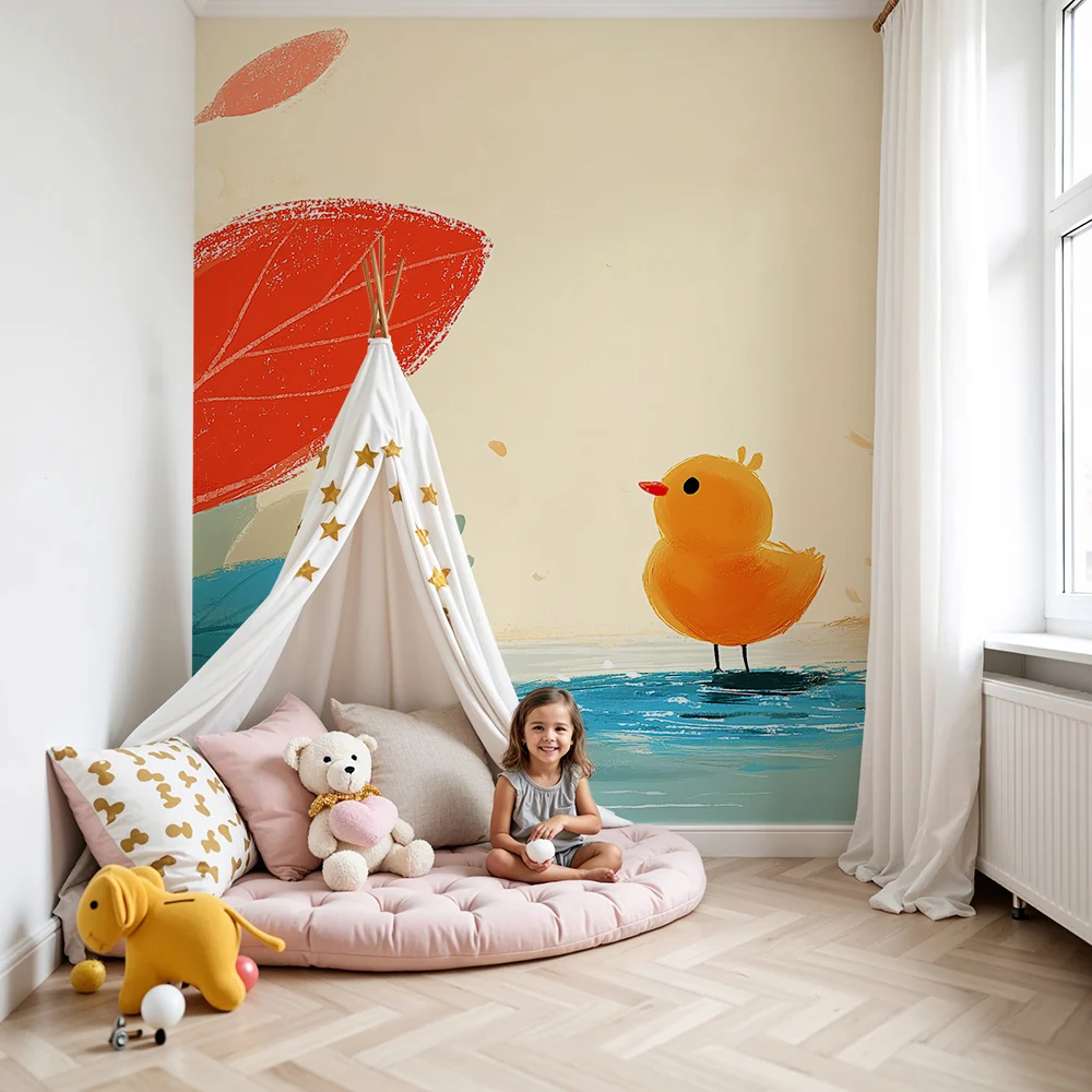 Nursery room wallpaper | Aranyos kis kacsa vízparton színes levelekkel