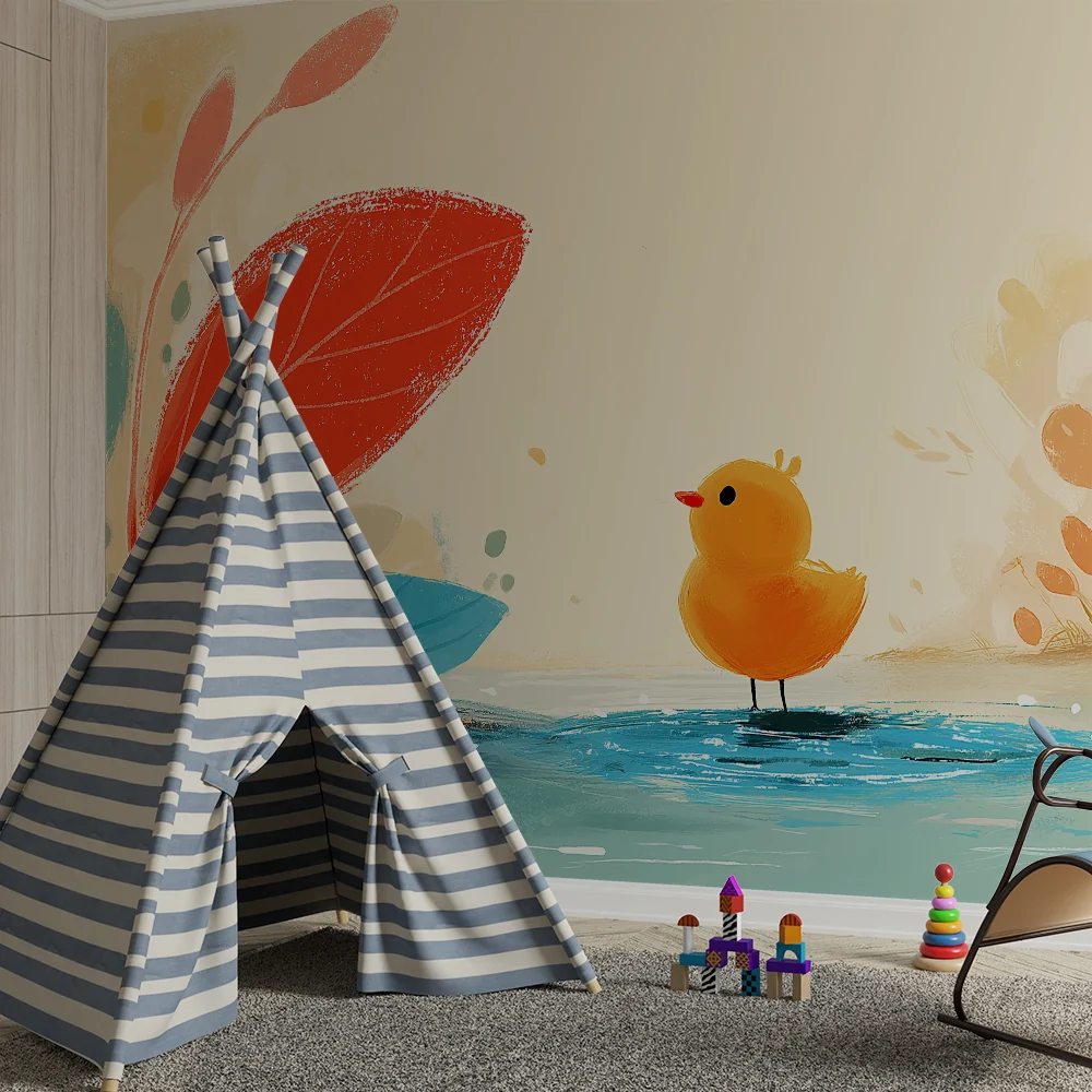 Nursery room wallpaper | Aranyos kis kacsa vízparton színes levelekkel