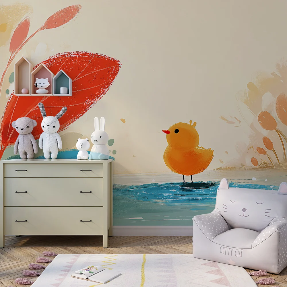 Nursery room wallpaper | Aranyos kis kacsa vízparton színes levelekkel