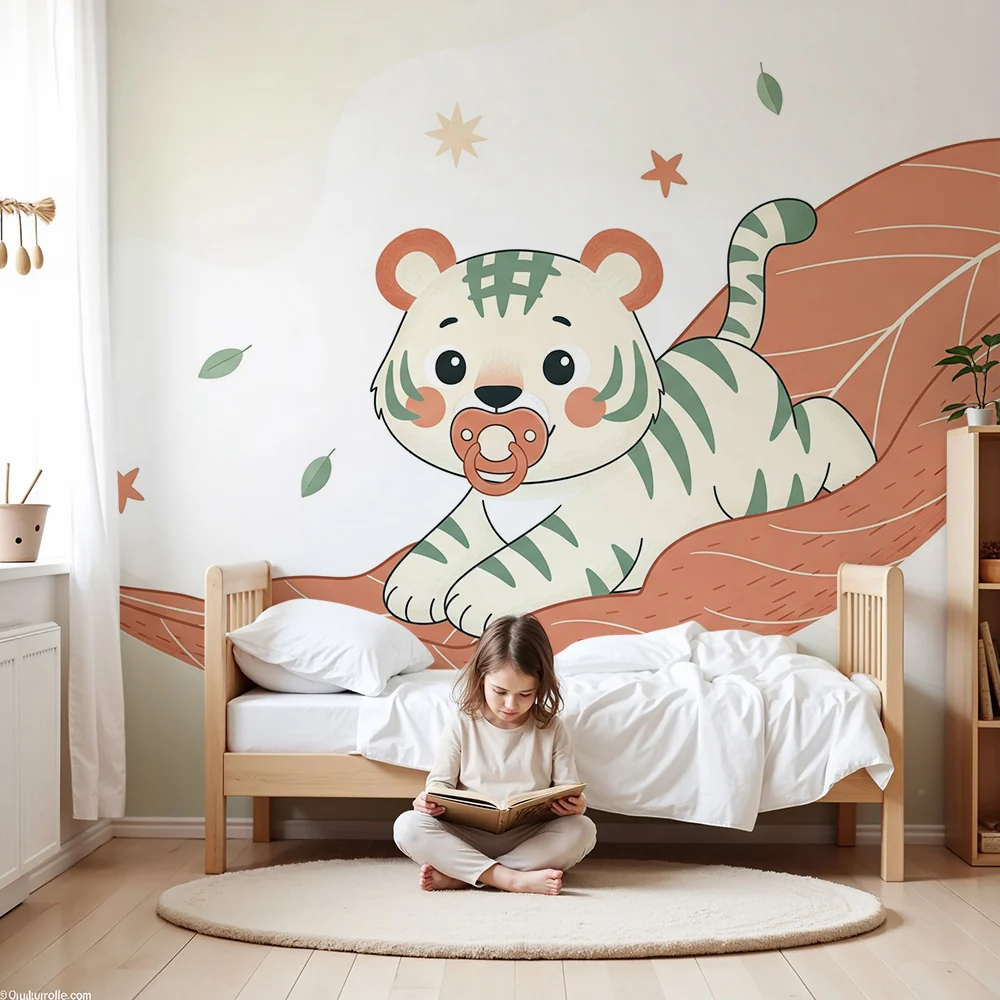 Nursery room wallpaper | Aranyos kis tigris egy levélen csillagokkal