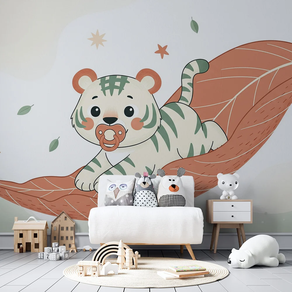 Nursery room wallpaper | Aranyos kis tigris egy levélen csillagokkal