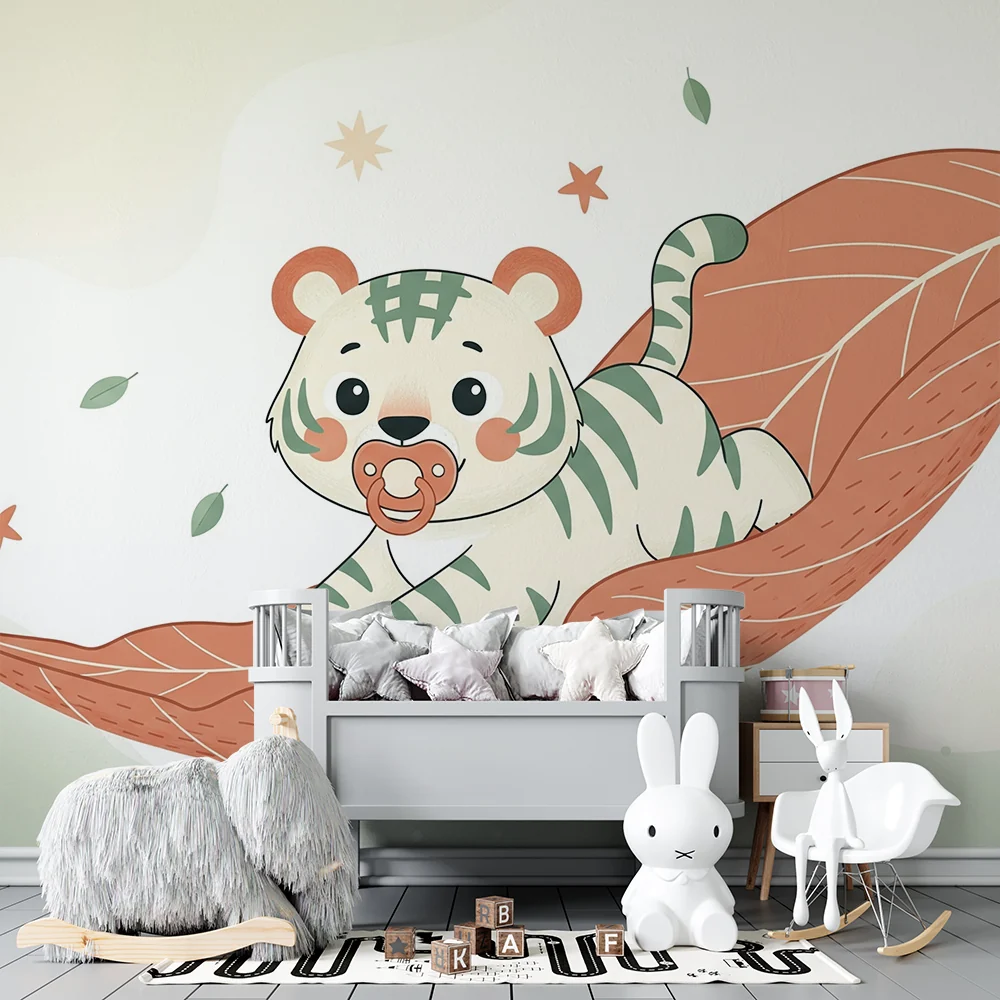 Nursery room wallpaper | Aranyos kis tigris egy levélen csillagokkal