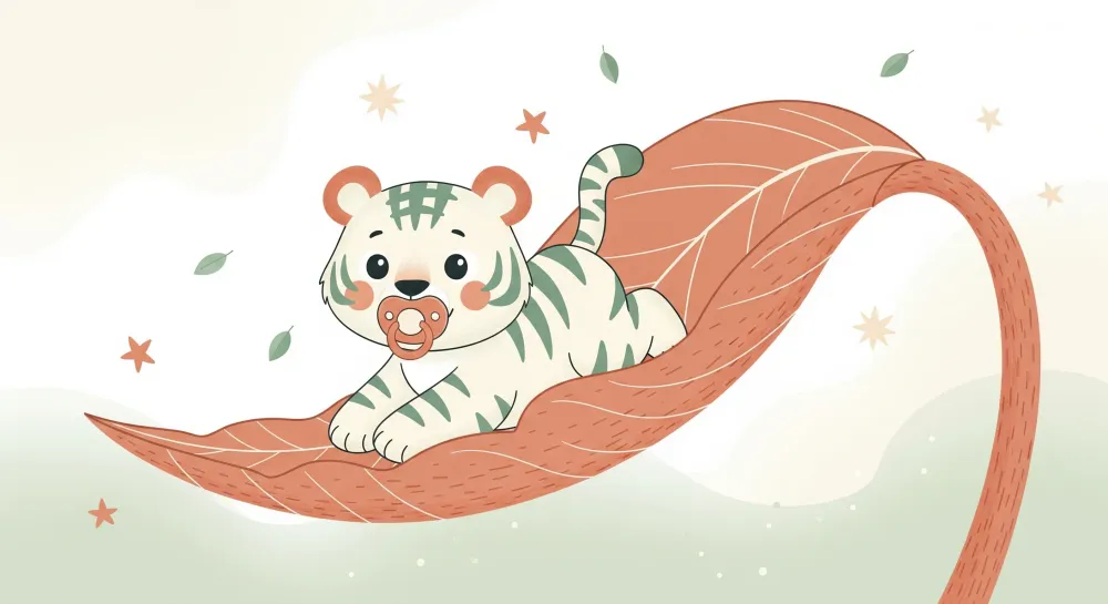 Nursery room wallpaper | Aranyos kis tigris egy levélen csillagokkal