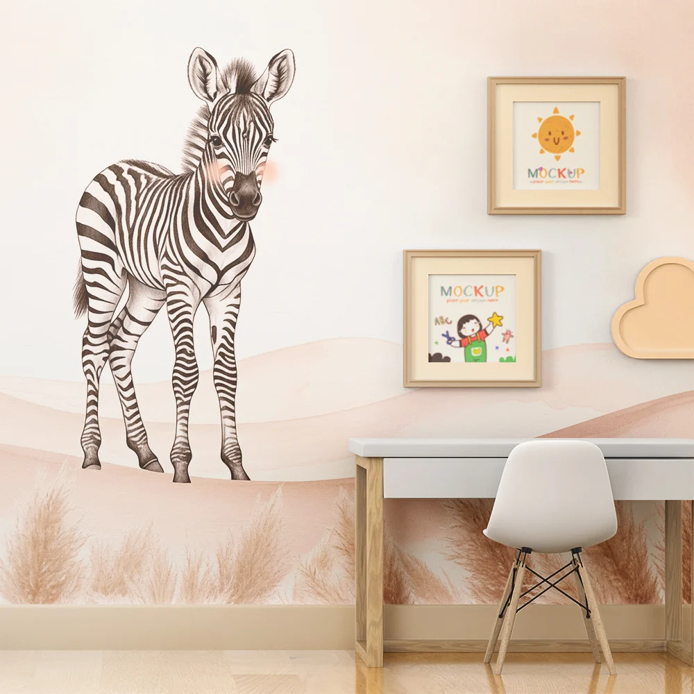 Nursery room wallpaper | Aranyos kis zebrával egy lágy tájképen