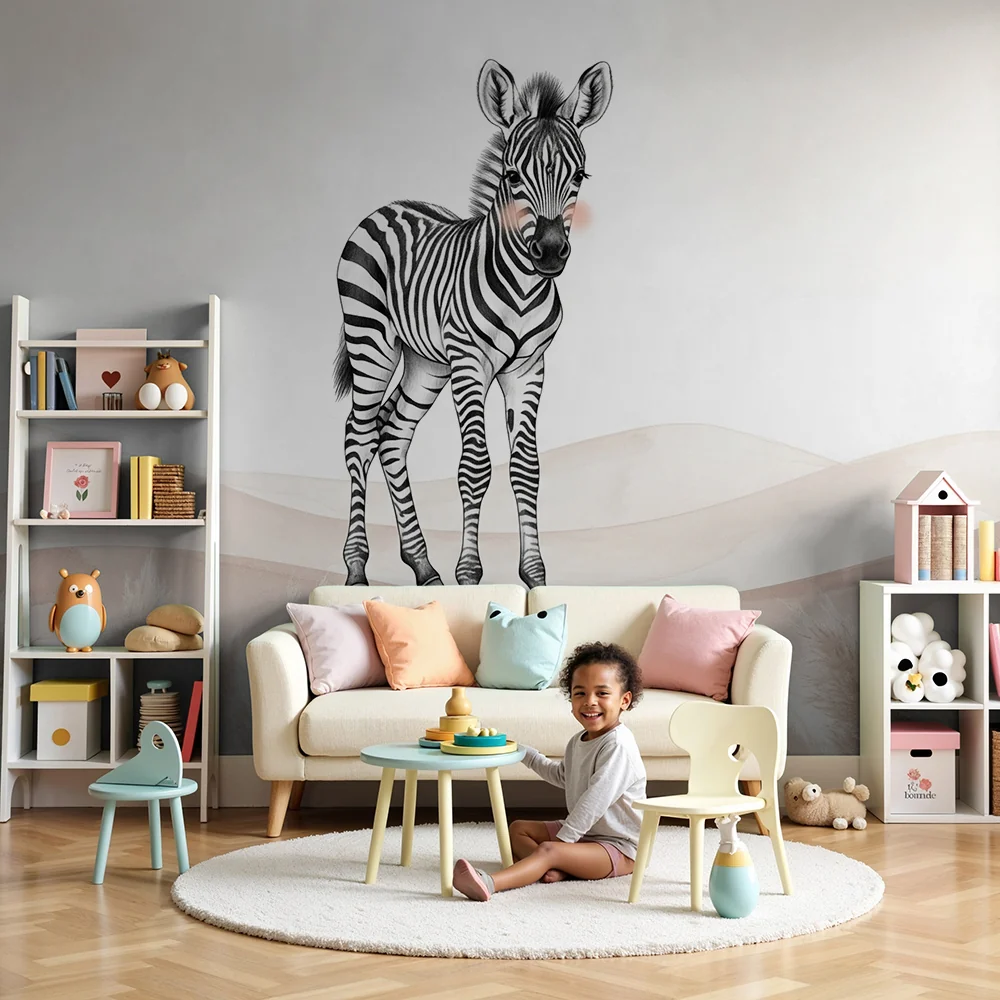 Nursery room wallpaper | Aranyos kis zebrával egy lágy tájképen
