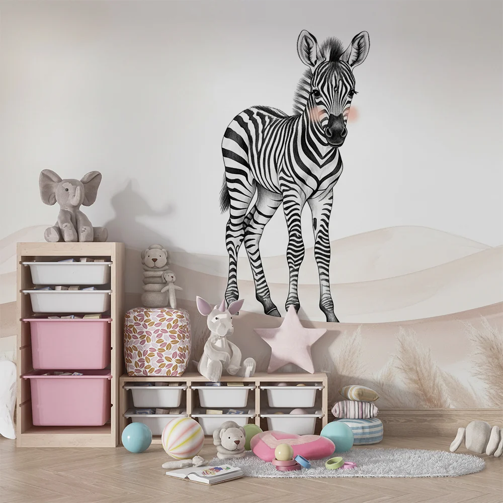 Nursery room wallpaper | Aranyos kis zebrával egy lágy tájképen