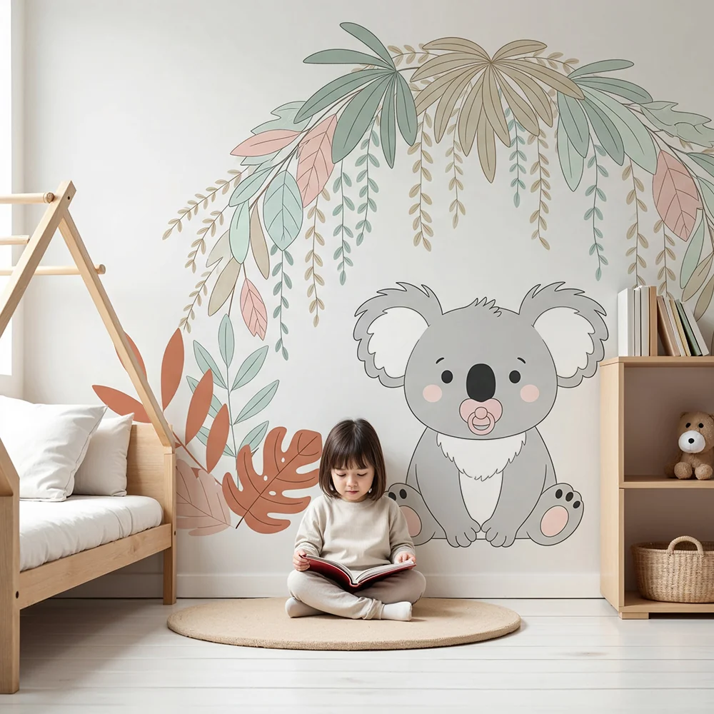 Nursery room wallpaper | Aranyos koala és trópusi lombozat
