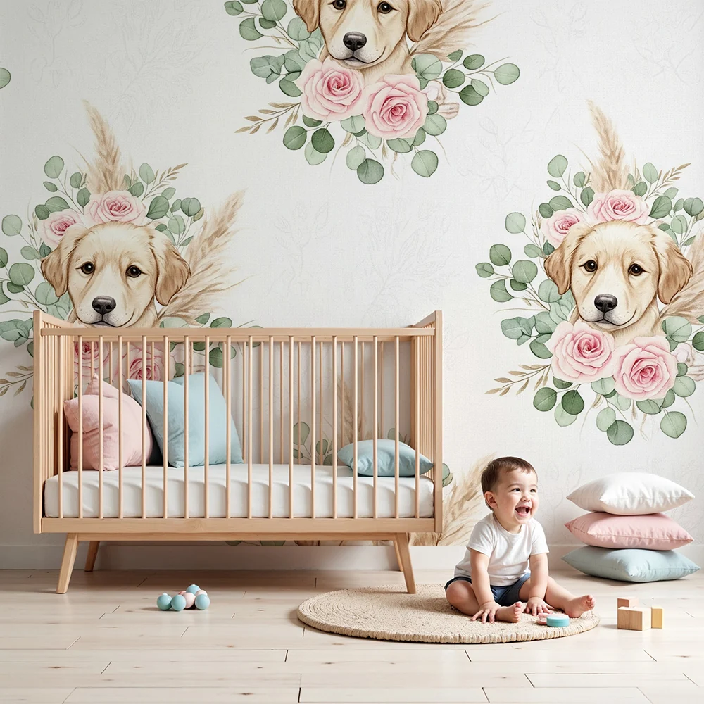 Nursery room wallpaper | Aranyos kutyák rózsákkal és puha levelekkel