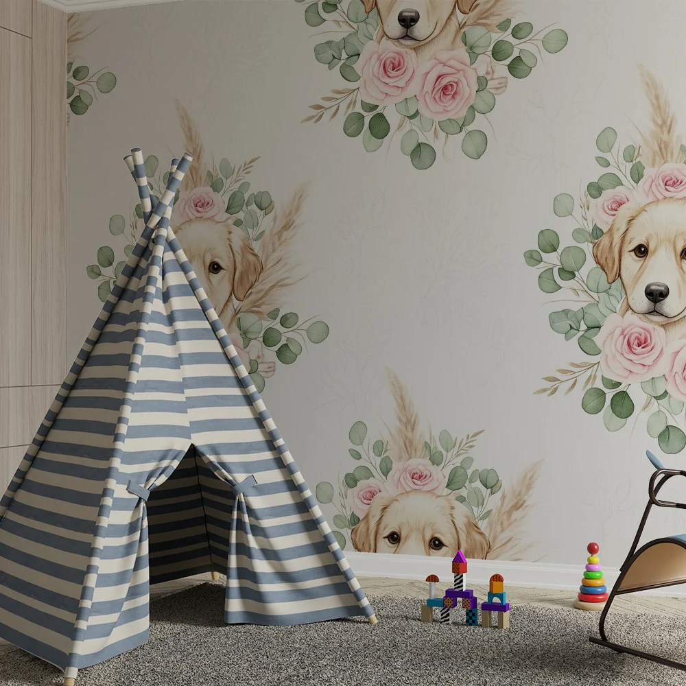 Nursery room wallpaper | Aranyos kutyák rózsákkal és puha levelekkel