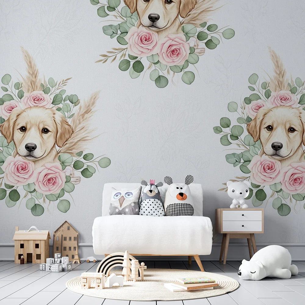Nursery room wallpaper | Aranyos kutyák rózsákkal és puha levelekkel