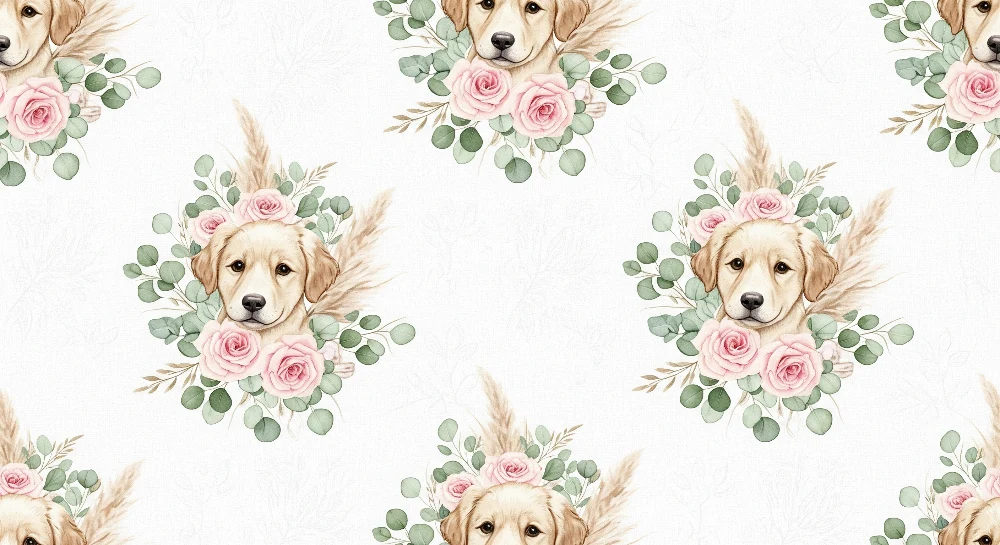Nursery room wallpaper | Aranyos kutyák rózsákkal és puha levelekkel