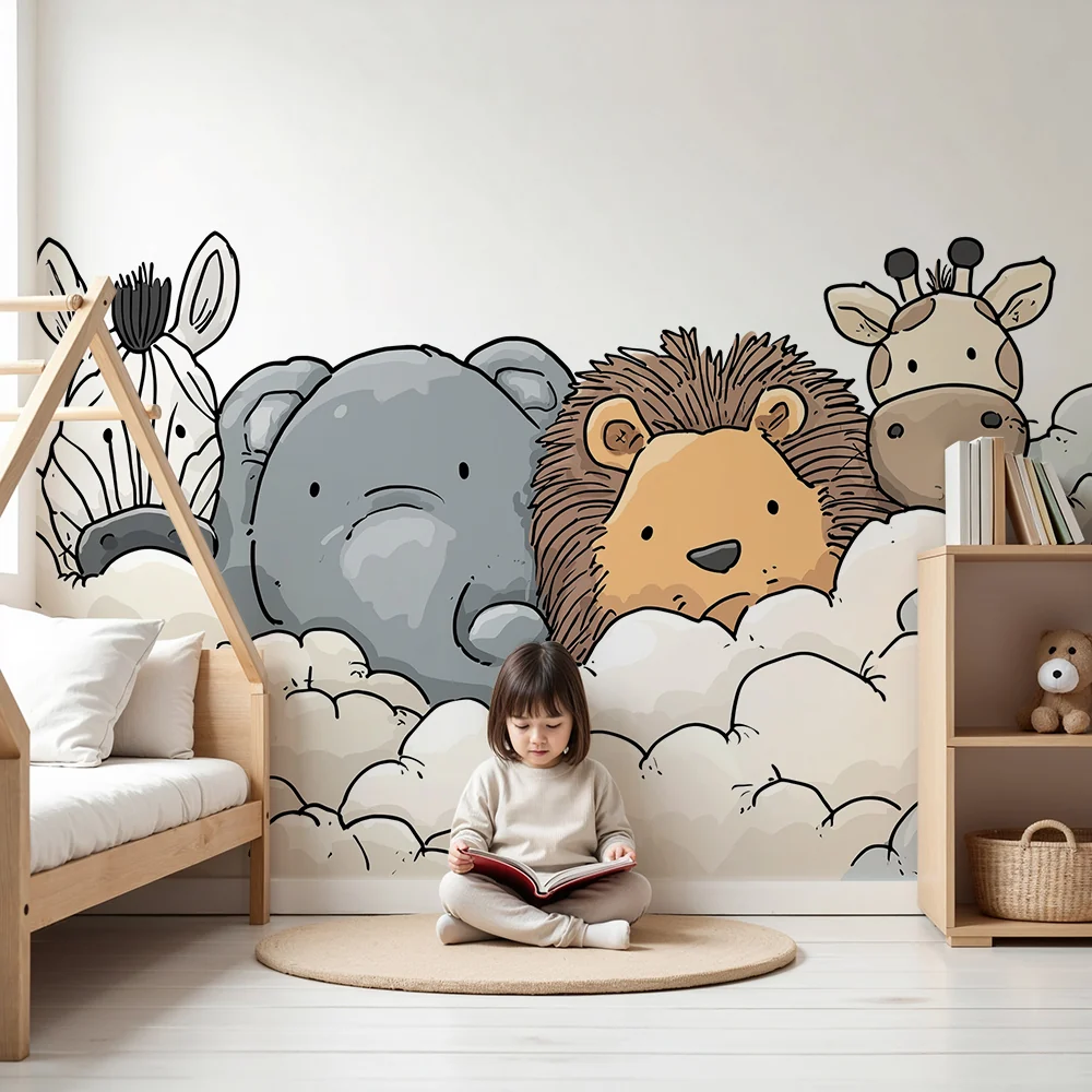 Nursery room wallpaper | Aranyos állatok egy puha felhőben