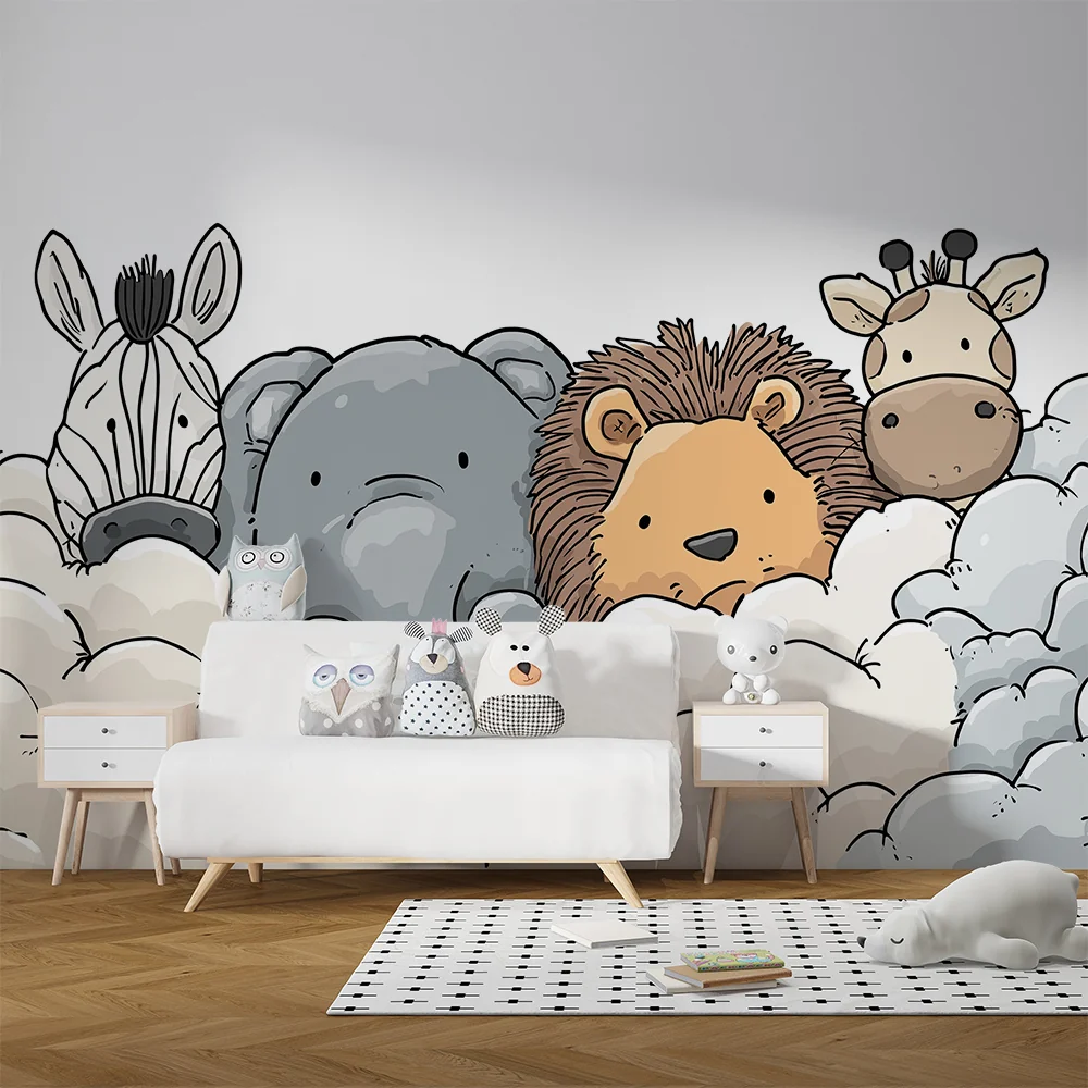 Nursery room wallpaper | Aranyos állatok egy puha felhőben