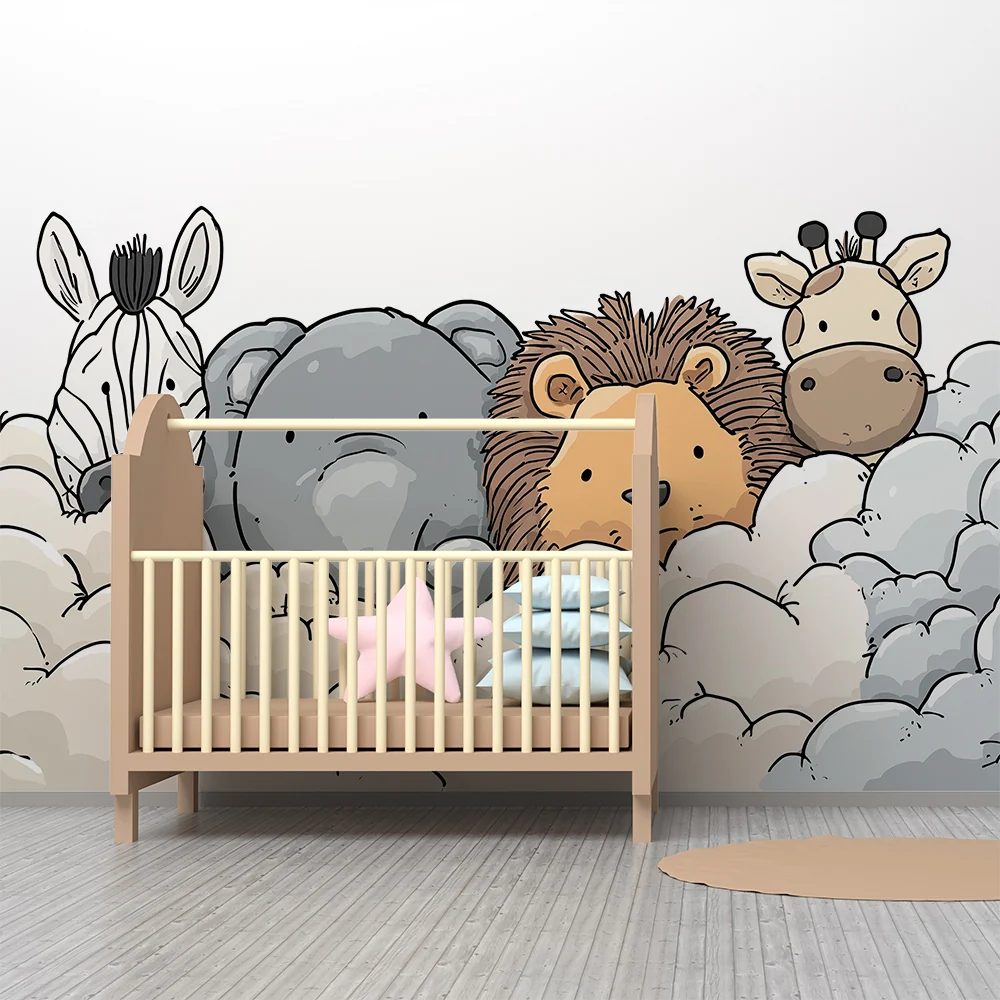 Nursery room wallpaper | Aranyos állatok egy puha felhőben