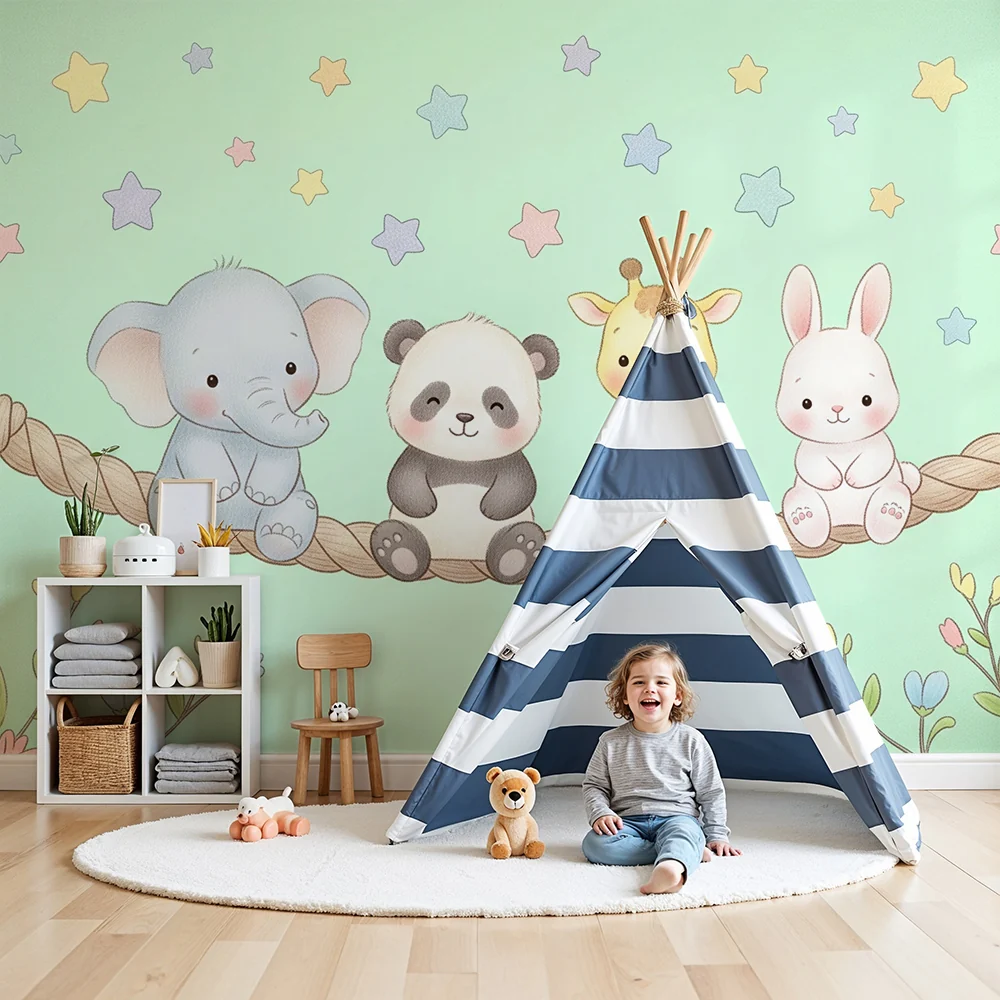 Nursery room wallpaper | Aranyos állatok egy kötélen gyermeki stílusban