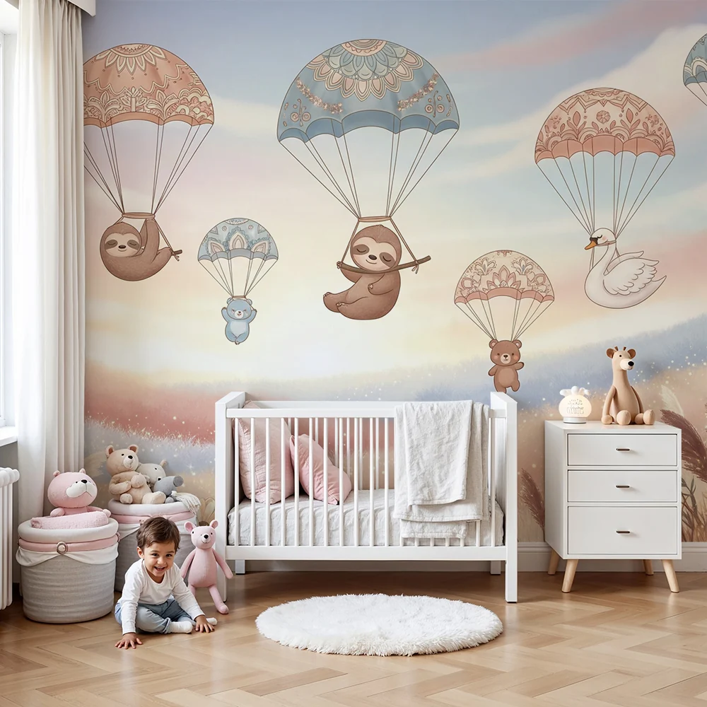 Nursery room wallpaper | Aranyos állatok ejtőernyővel pasztell háttéren