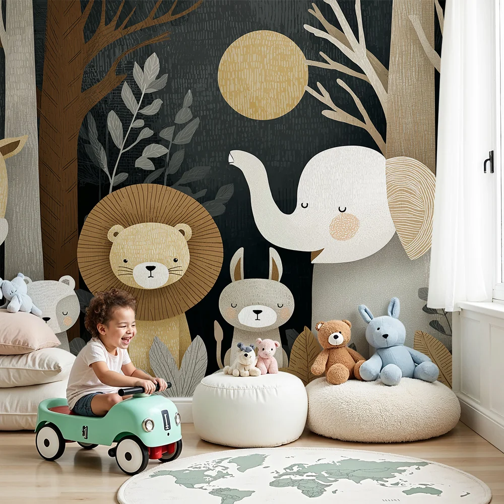 Nursery room wallpaper | Aranyos állatok az erdőben puha árnyalatokkal