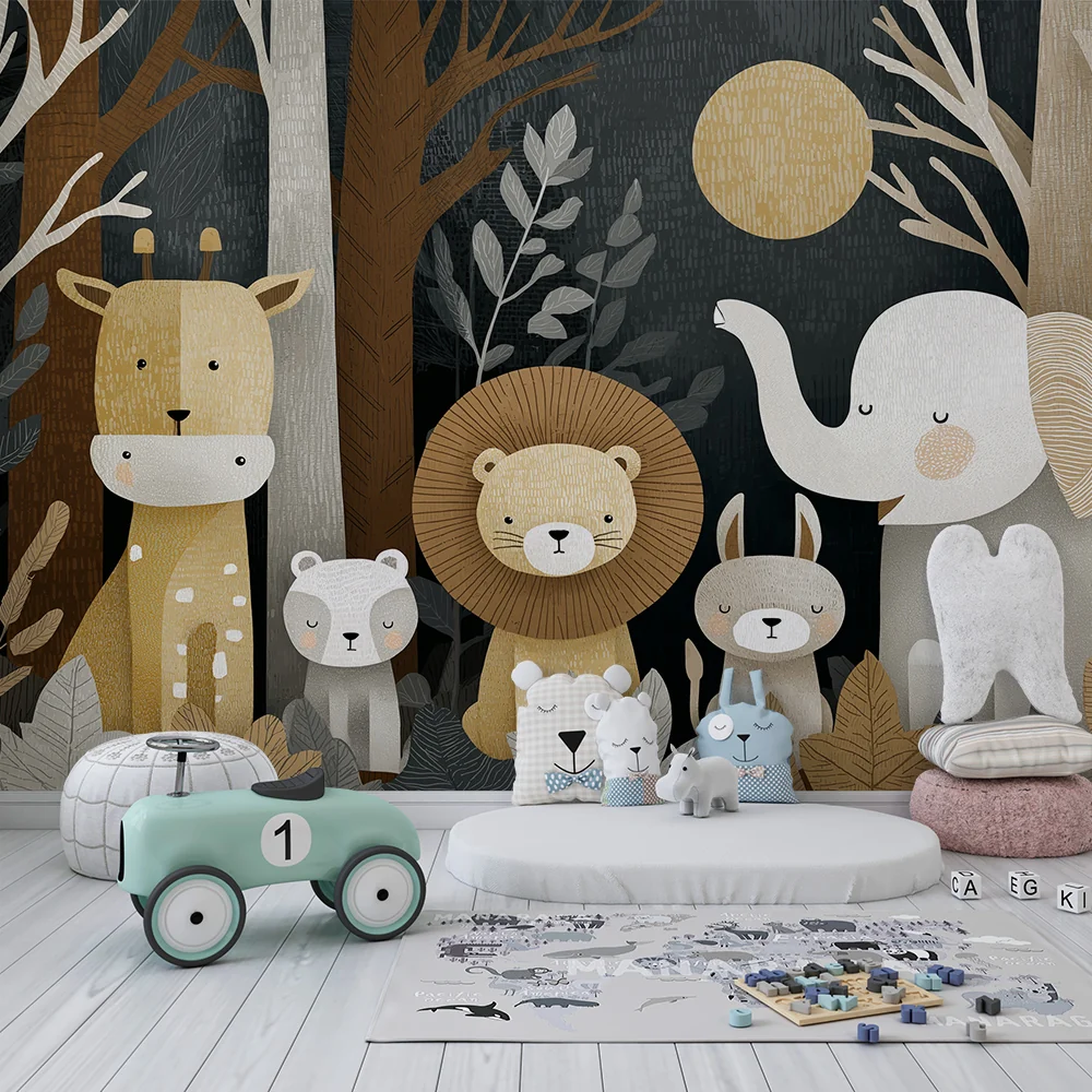 Nursery room wallpaper | Aranyos állatok az erdőben puha árnyalatokkal