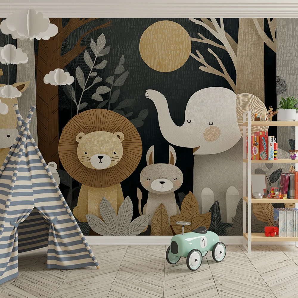 Nursery room wallpaper | Aranyos állatok az erdőben puha árnyalatokkal