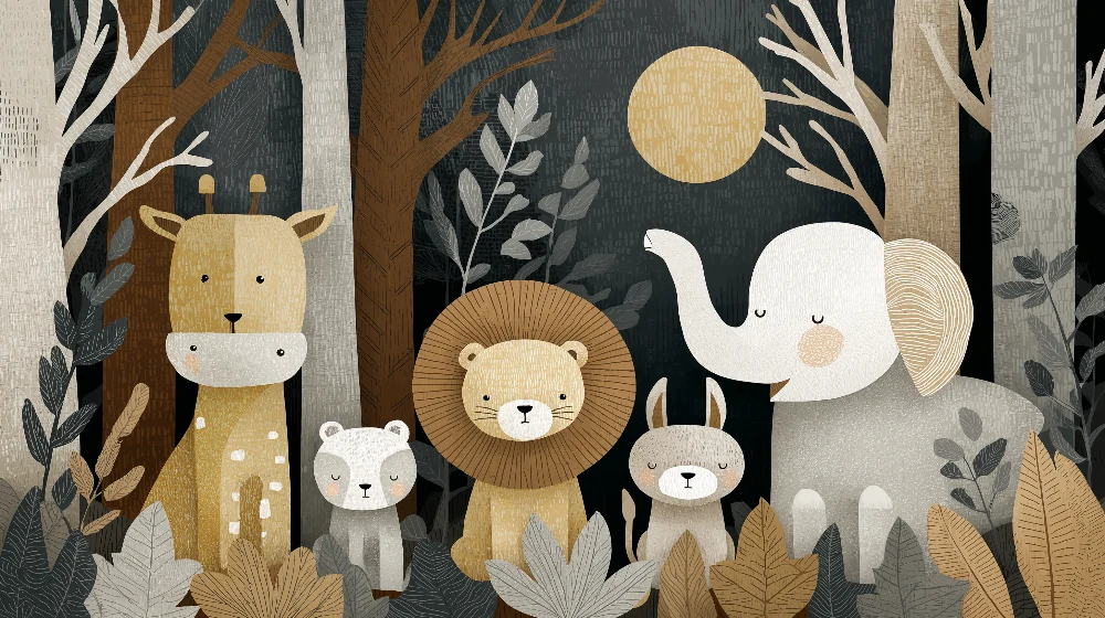 Nursery room wallpaper | Aranyos állatok az erdőben puha árnyalatokkal