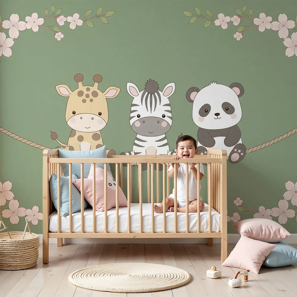 Nursery room wallpaper | Aranyos állatok hintán virágok között
