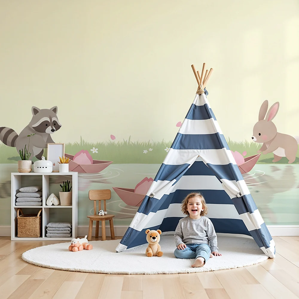 Nursery room wallpaper | Aranyos állatok játszanak vízparton lótuszvirágokkal