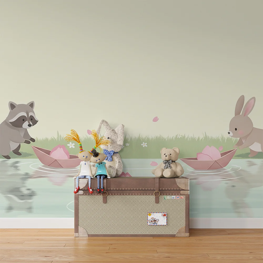 Nursery room wallpaper | Aranyos állatok játszanak vízparton lótuszvirágokkal