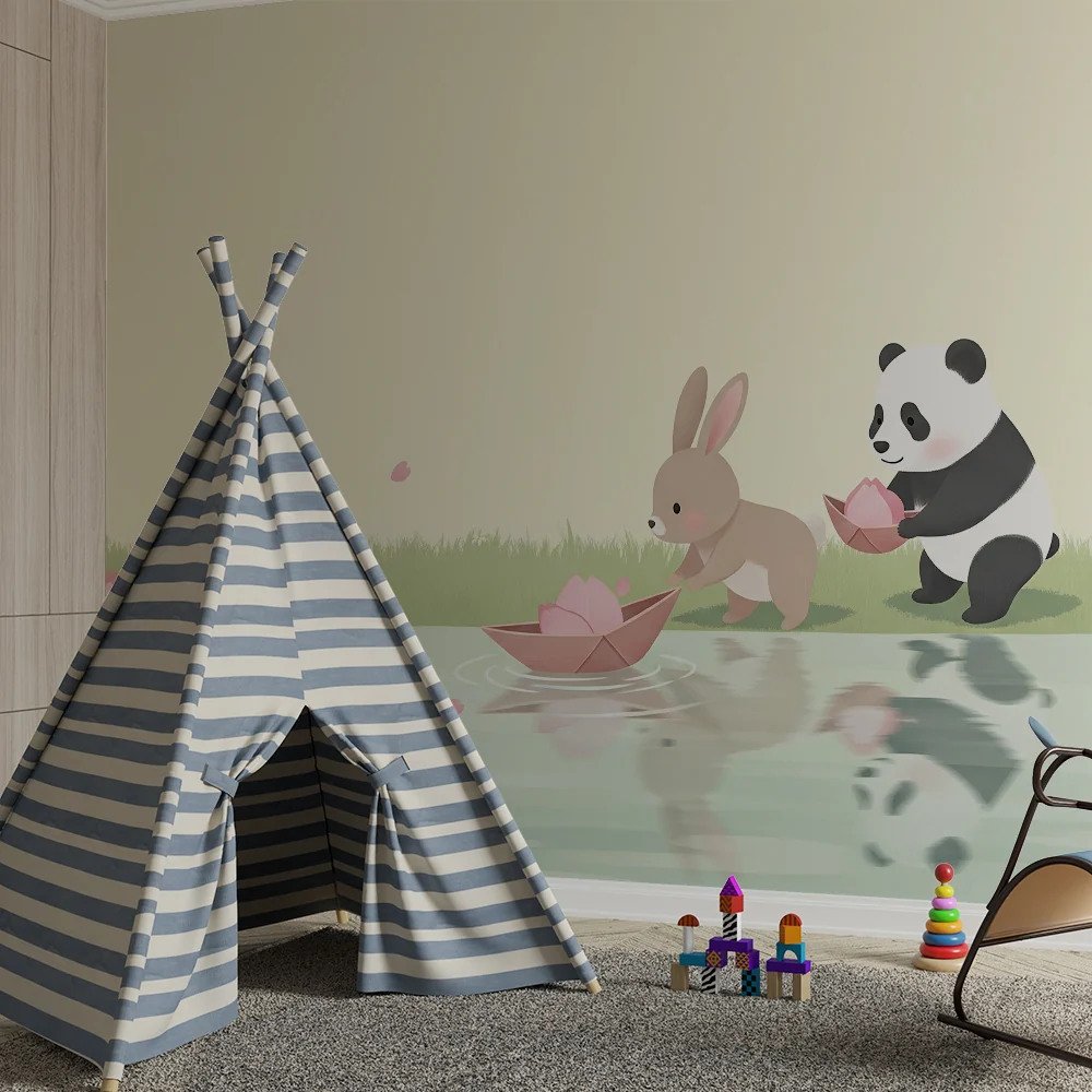 Nursery room wallpaper | Aranyos állatok játszanak vízparton lótuszvirágokkal