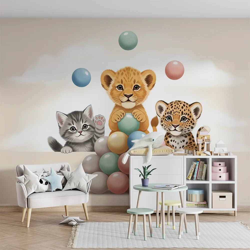Nursery room wallpaper | Aranyos állatok játszanak színes labdákkal