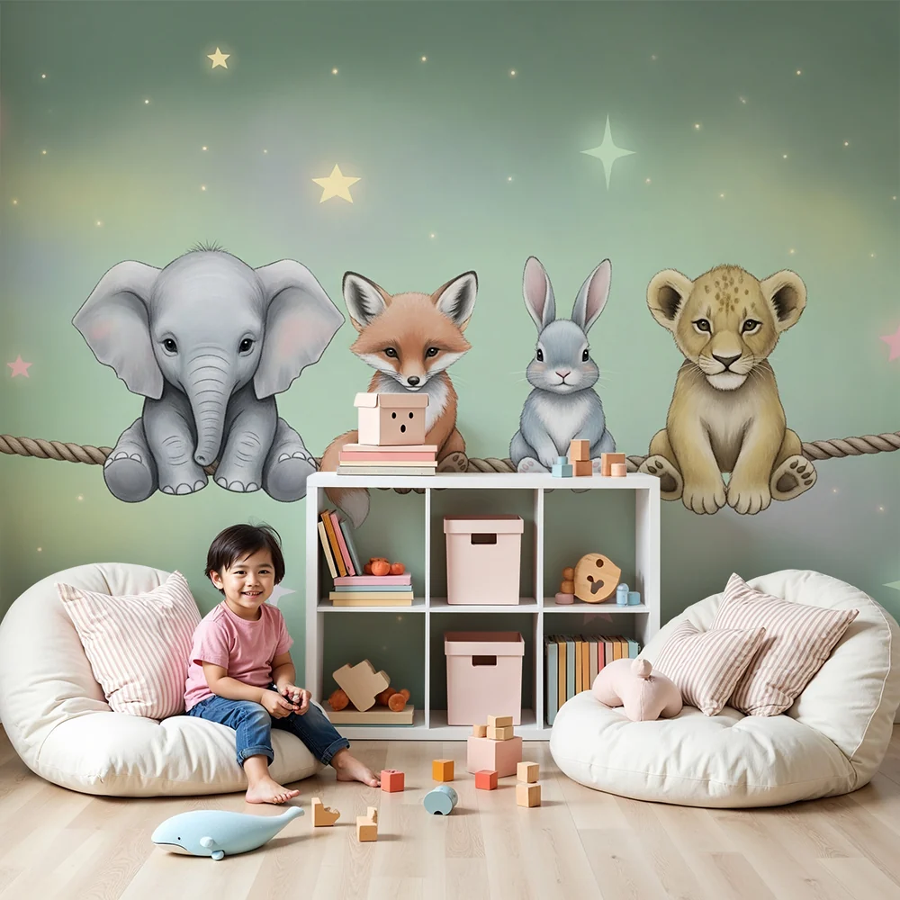 Nursery room wallpaper | Aranyos állatok pasztell csillagok alatt