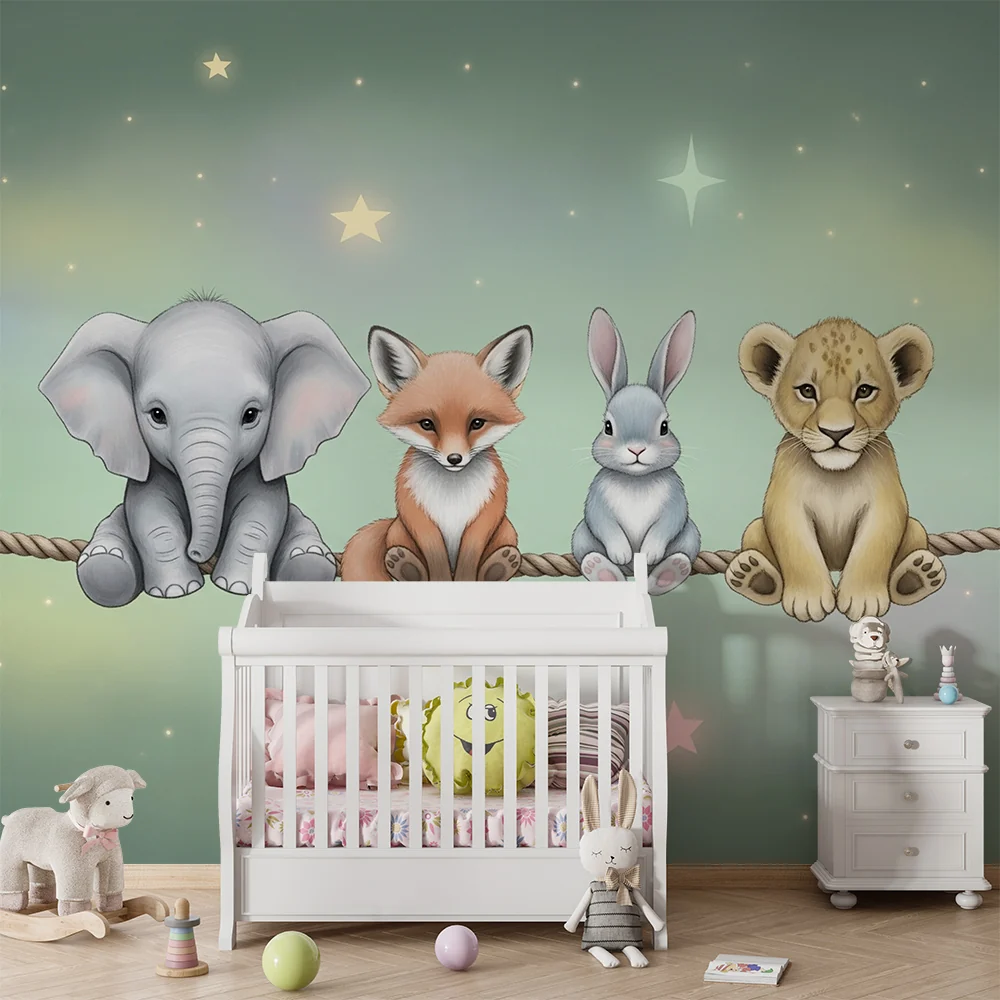 Nursery room wallpaper | Aranyos állatok pasztell csillagok alatt