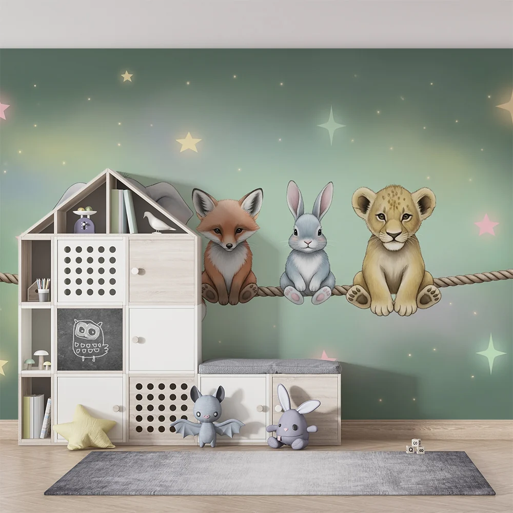 Nursery room wallpaper | Aranyos állatok pasztell csillagok alatt
