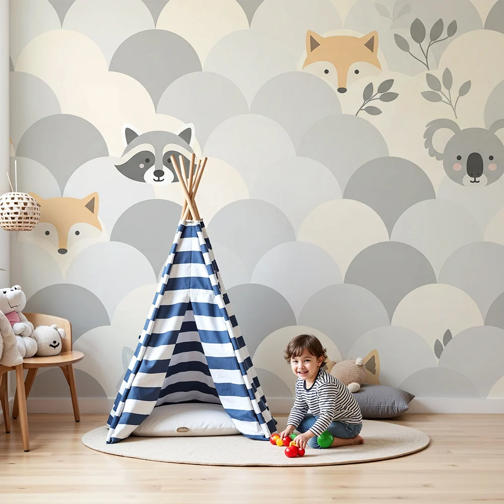 Nursery room wallpaper | Aranyos állatok rejtőznek lágy hullámok között