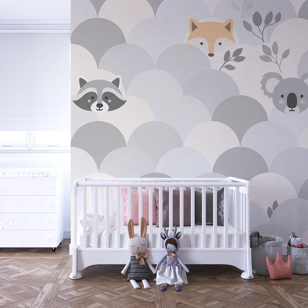 Nursery room wallpaper | Aranyos állatok rejtőznek lágy hullámok között