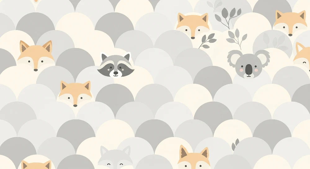 Nursery room wallpaper | Aranyos állatok rejtőznek lágy hullámok között