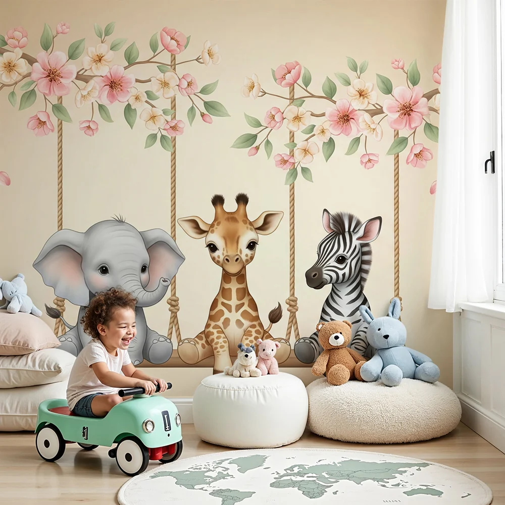 Nursery room wallpaper | Aranyos állatok virágos hintákon