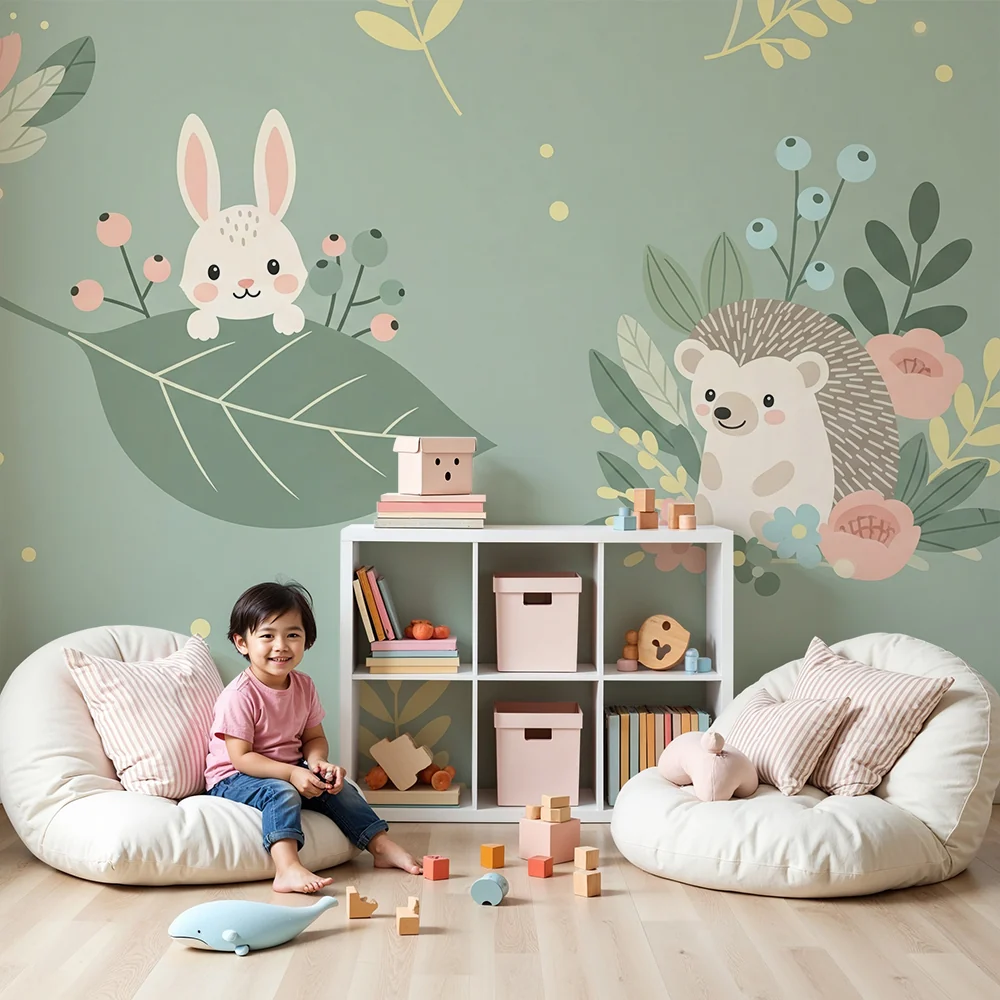 Nursery room wallpaper | Aranyos állatok virágzó kertben