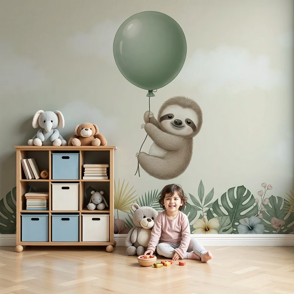 Nursery room wallpaper | Aranyos lusta, aki egy lufival egy trópusi díszítésben
